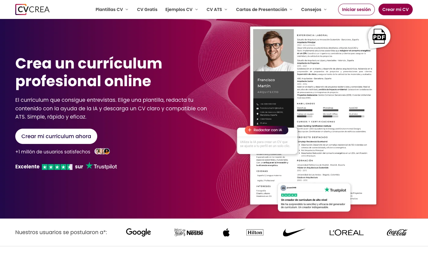Captura de la página de inicio de CVcrea